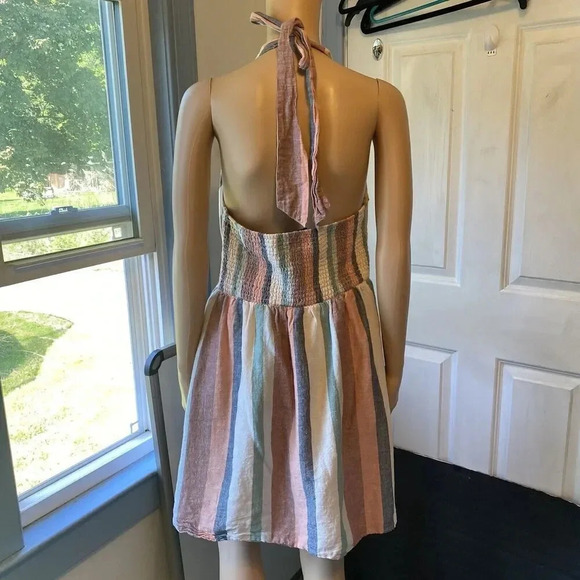 American Eagle Striped Cotton Linen Halter Mini Dress Beach Summer Pocket L - Picture 6 of 9